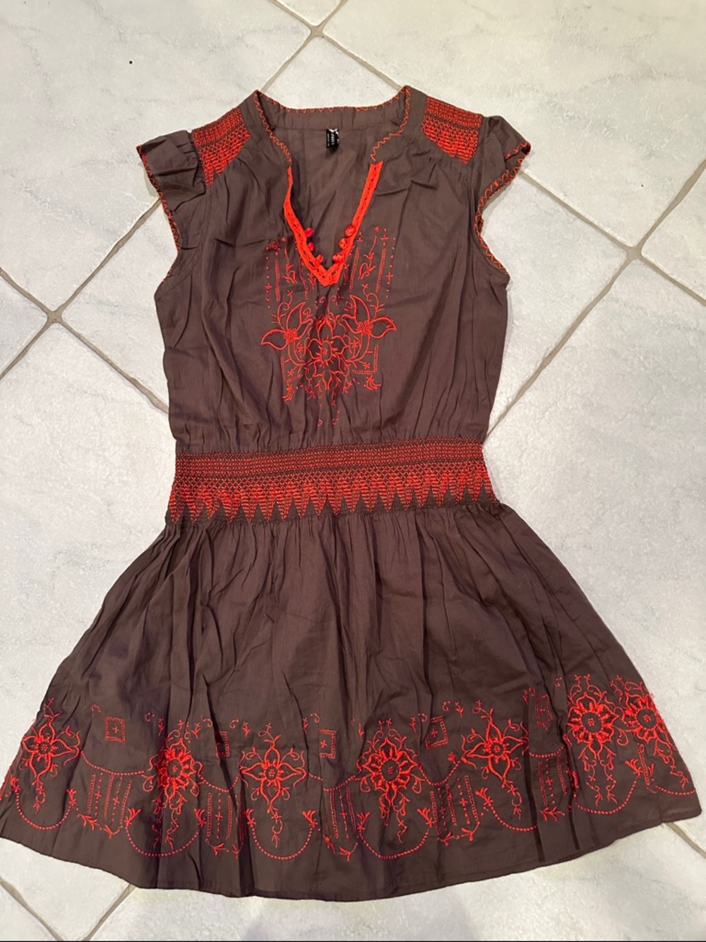 Free People Chocolate Brown Boho Dress Red Orange Embroidered